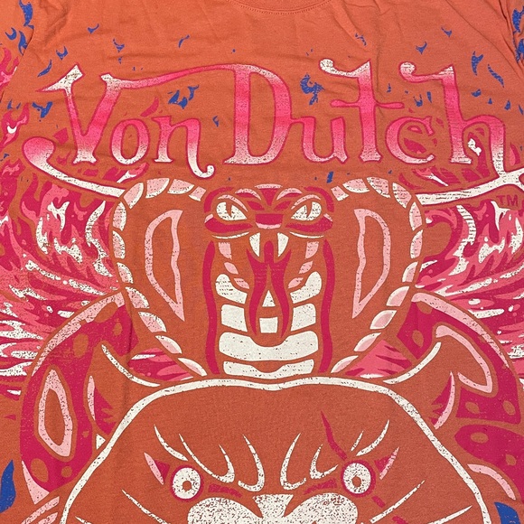 Von Dutch Vibrant Orange Tee with Snake and Lion Design - Picture 4 of 6